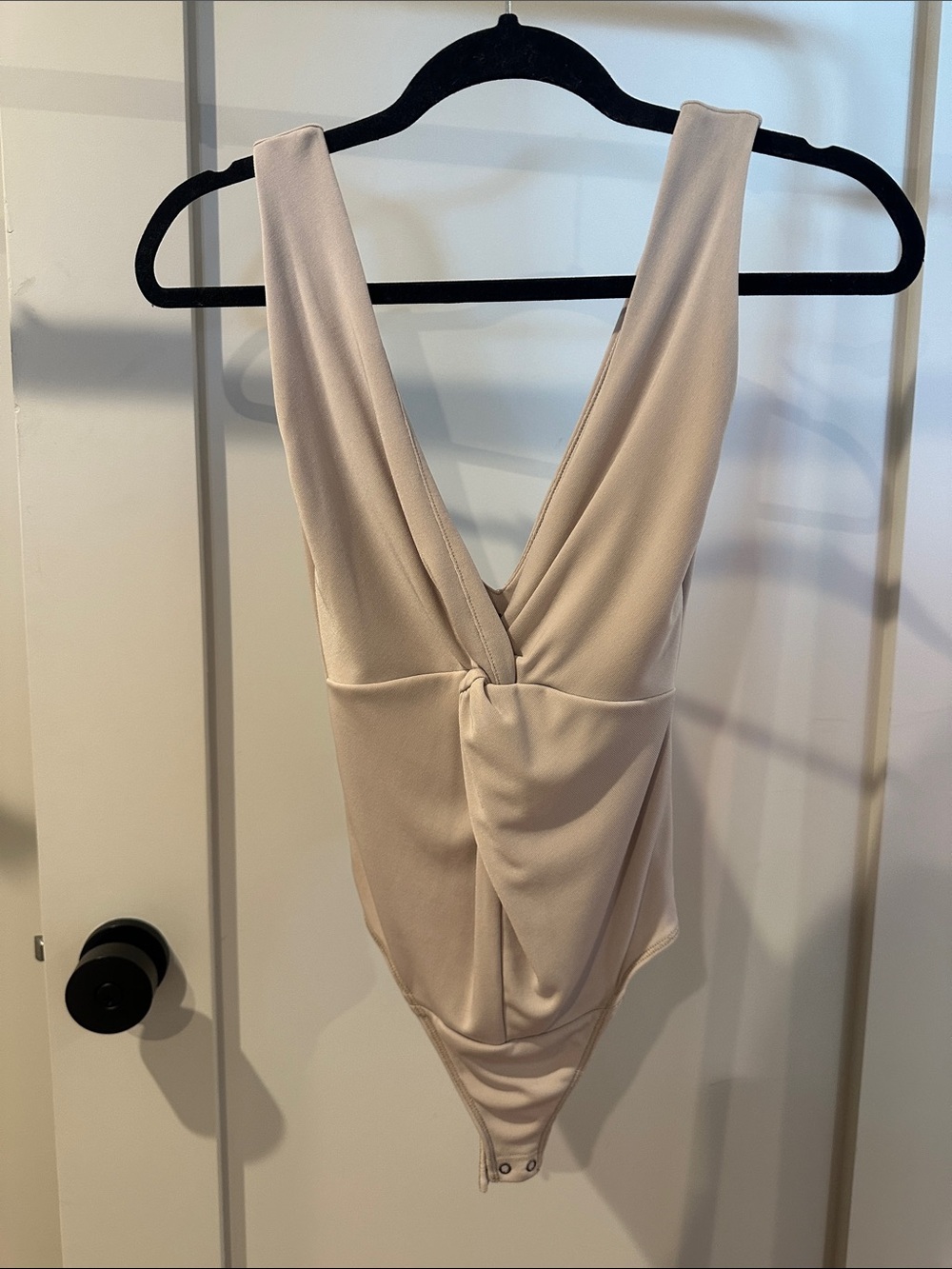 Abercrombie & Fitch Draped Deep V Sleeveless Bodysuit in Light Beige